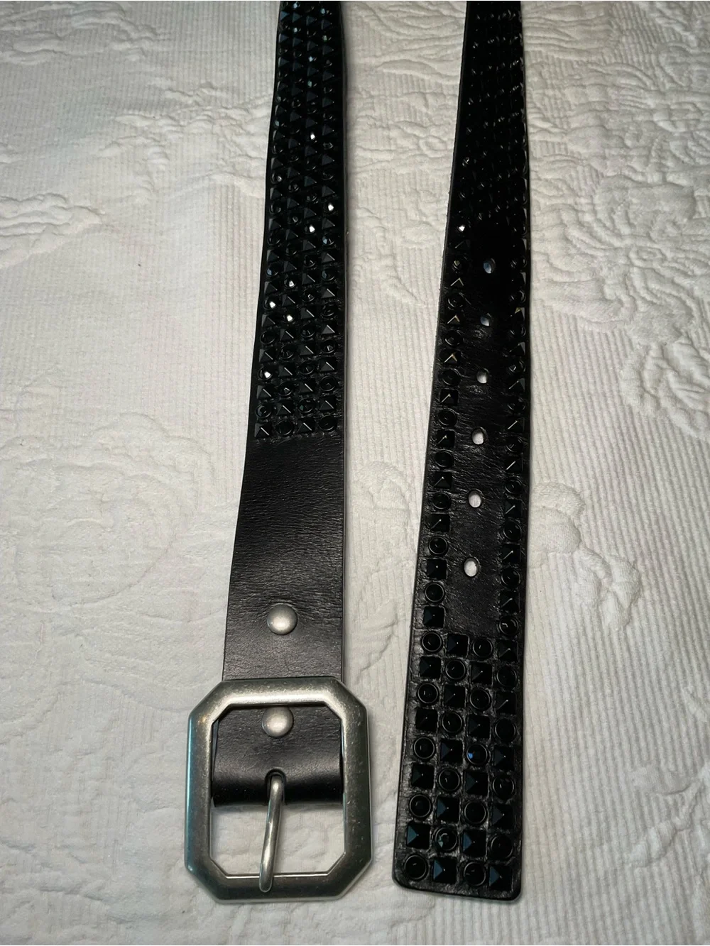 CAbi Black Studded Leather Belt with Silver-Tone Hex Buckle